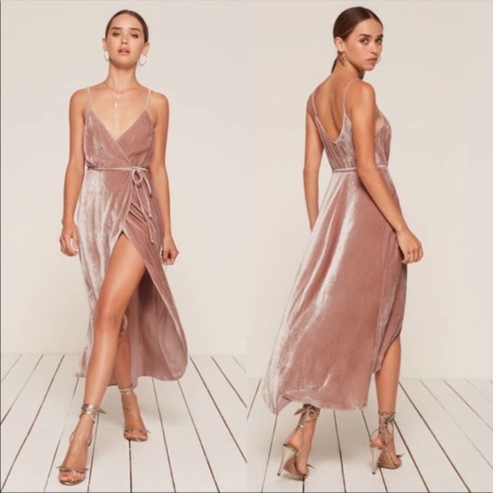Reformation Anoush Velvet Wrap Dress in Blush (M)